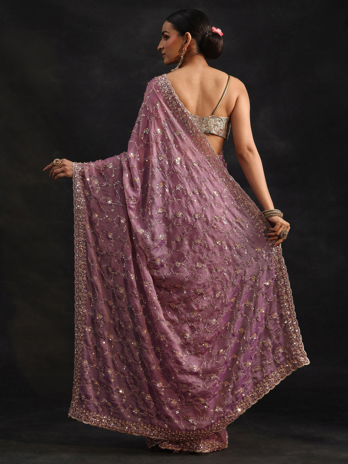 Mameraa Art Dusty Lavender Sequins Embellished Tissue Saree