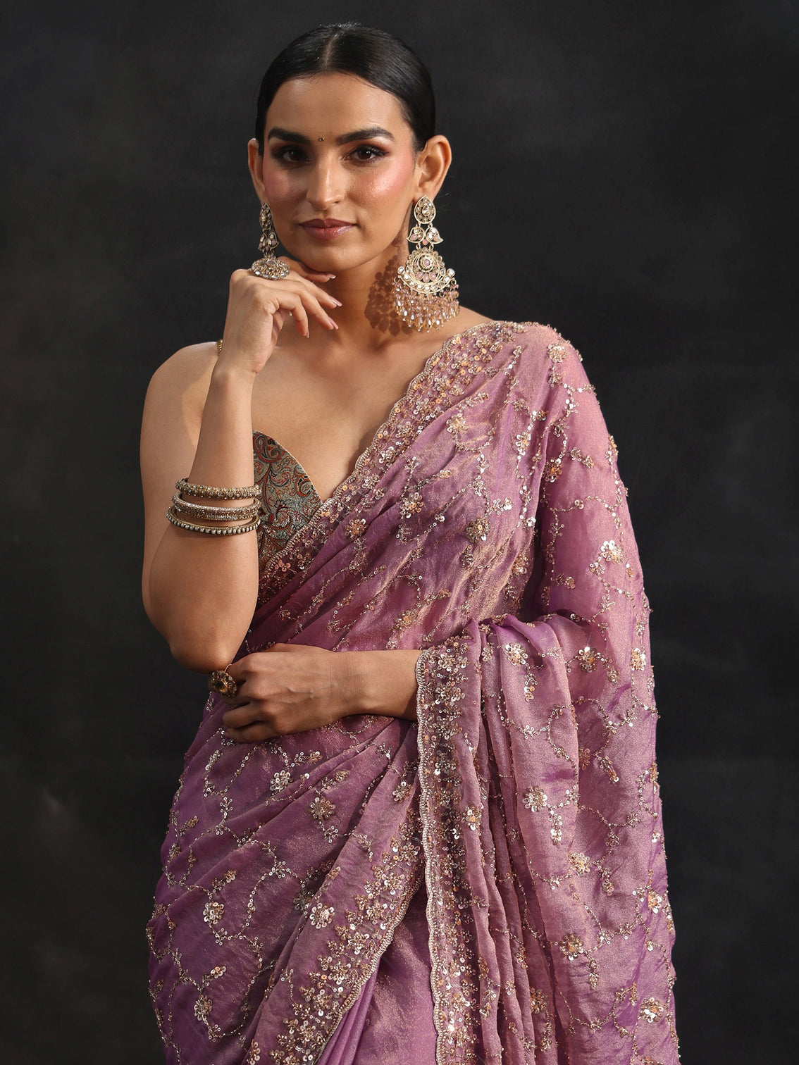 Mameraa Art Dusty Lavender Sequins Embellished Tissue Saree