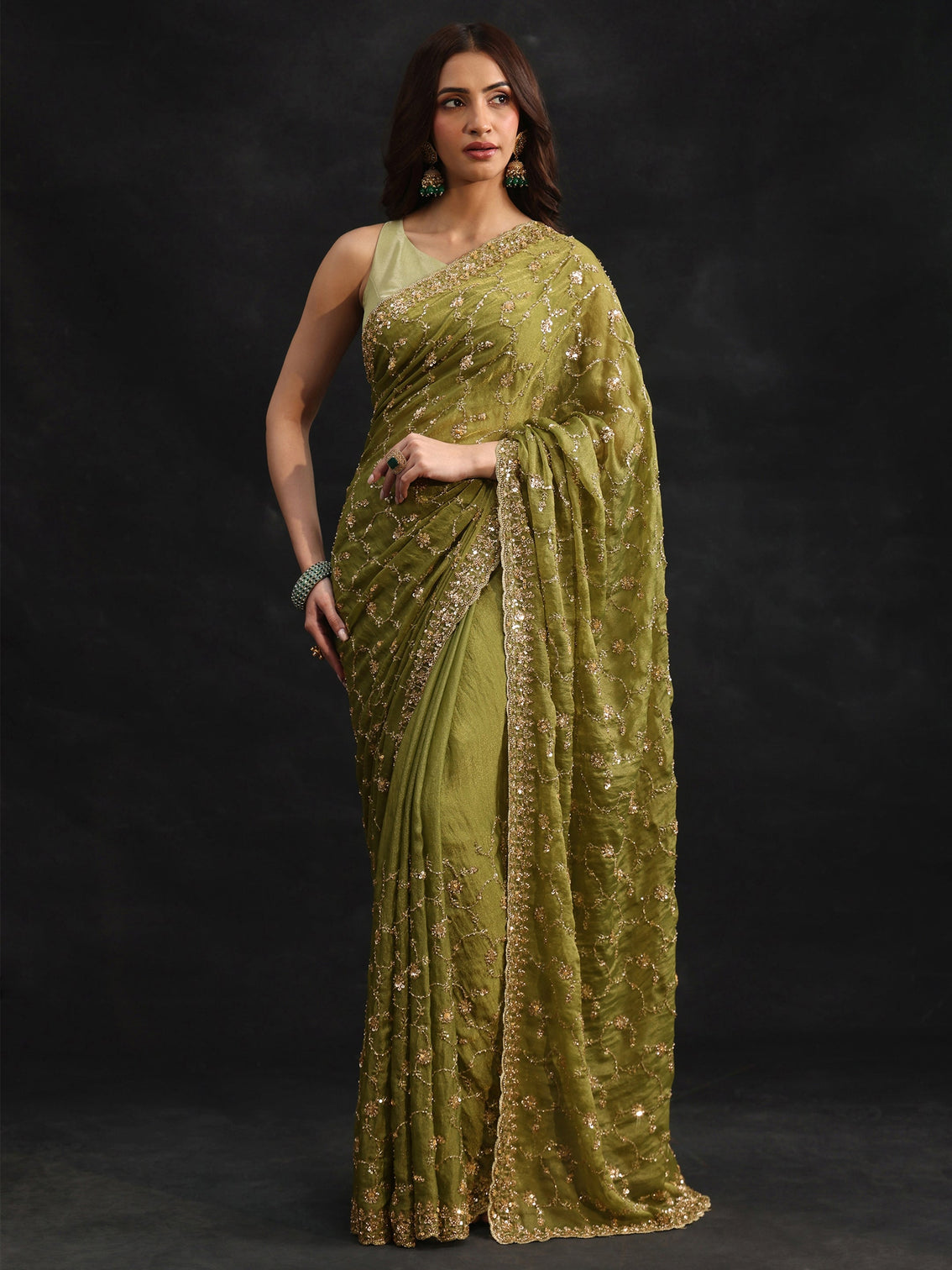 Mameraa Art Olive Green Sequins Embellished Tissue Saree