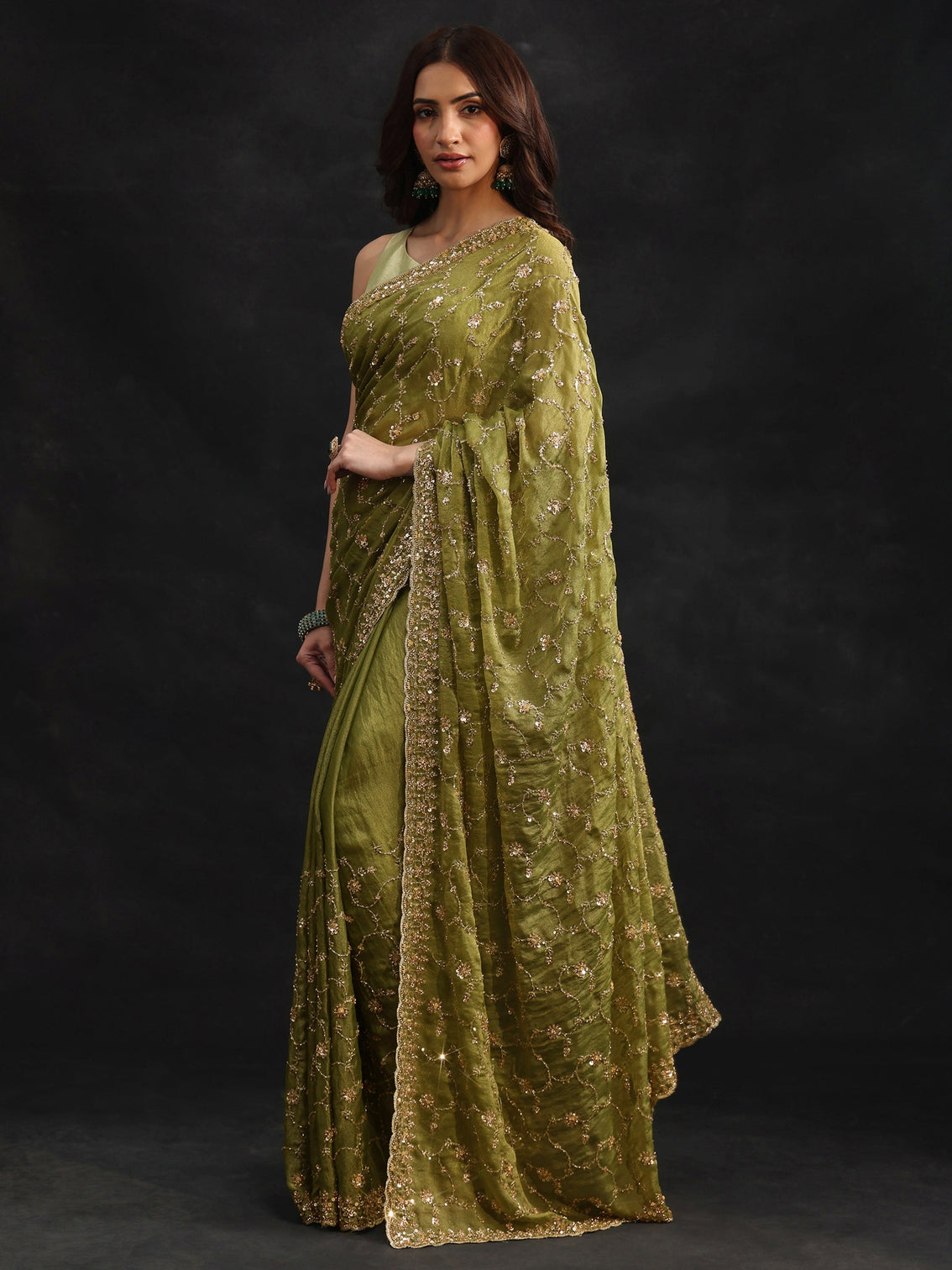 Mameraa Art Olive Green Sequins Embellished Tissue Saree