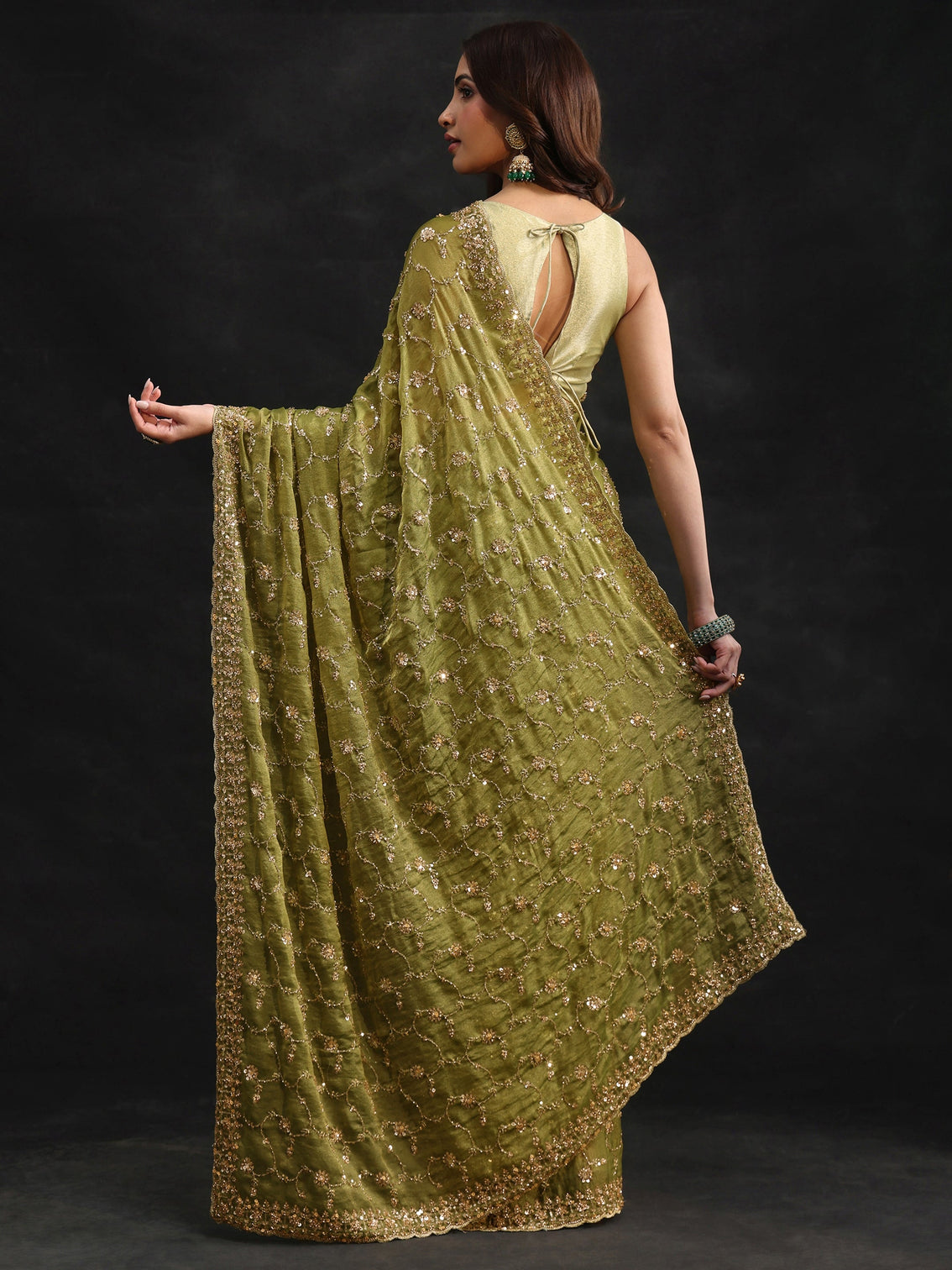 Mameraa Art Olive Green Sequins Embellished Tissue Saree