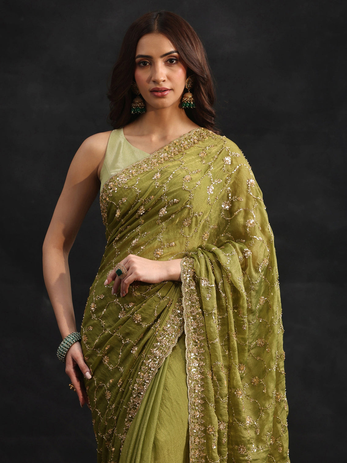 Mameraa Art Olive Green Sequins Embellished Tissue Saree