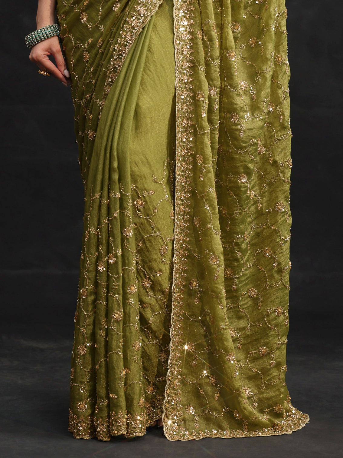 Mameraa Art Olive Green Sequins Embellished Tissue Saree