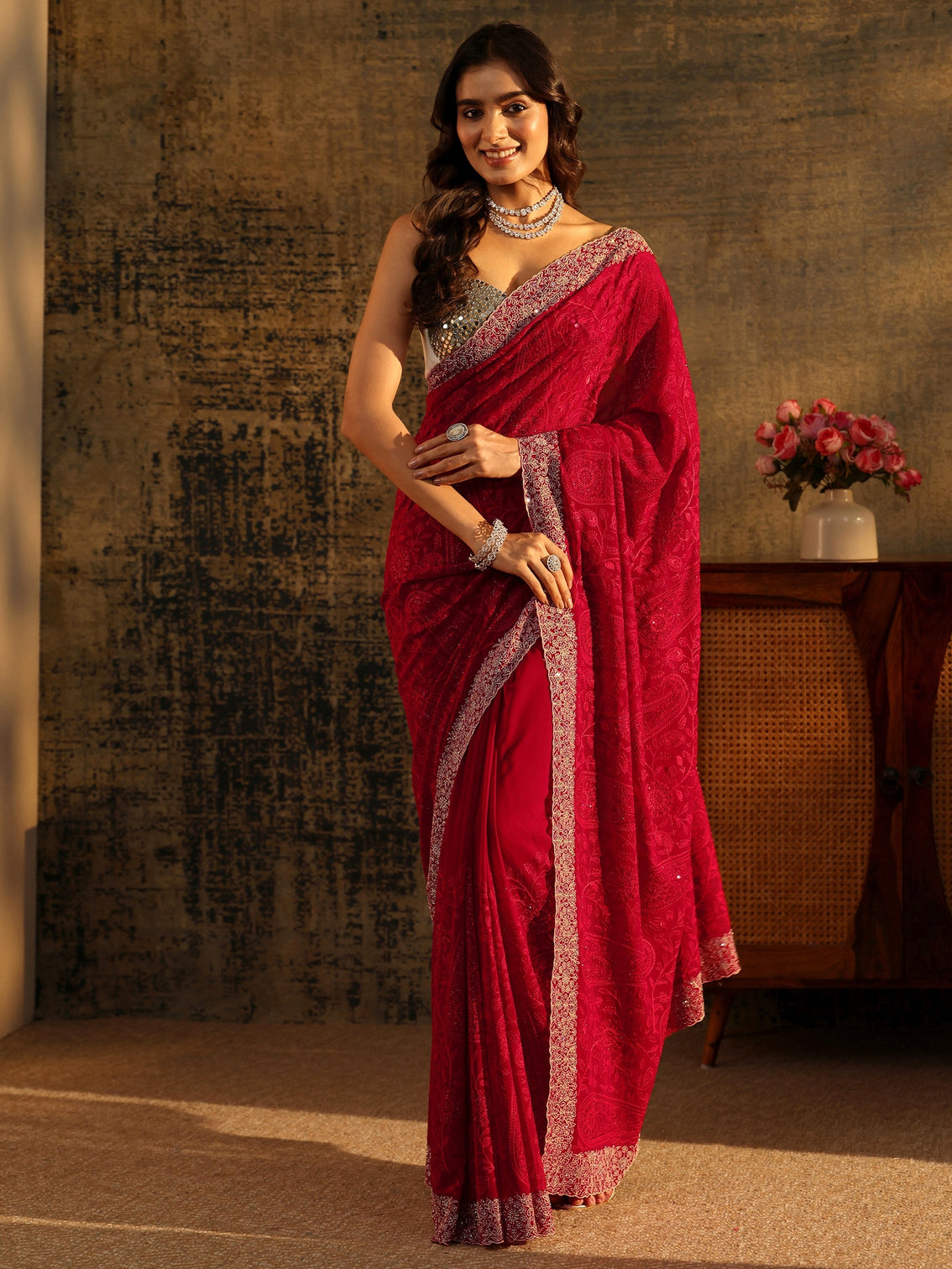 Mameraa Art Ruby Red Paisley Embroidered Georgette Saree