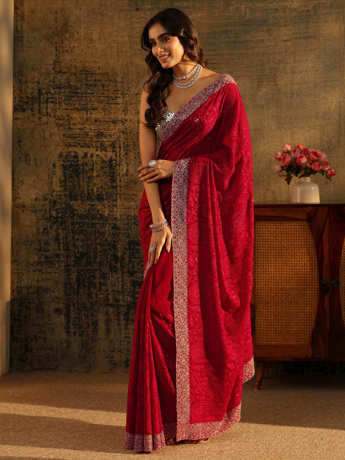 Mameraa Art Ruby Red Paisley Embroidered Georgette Saree