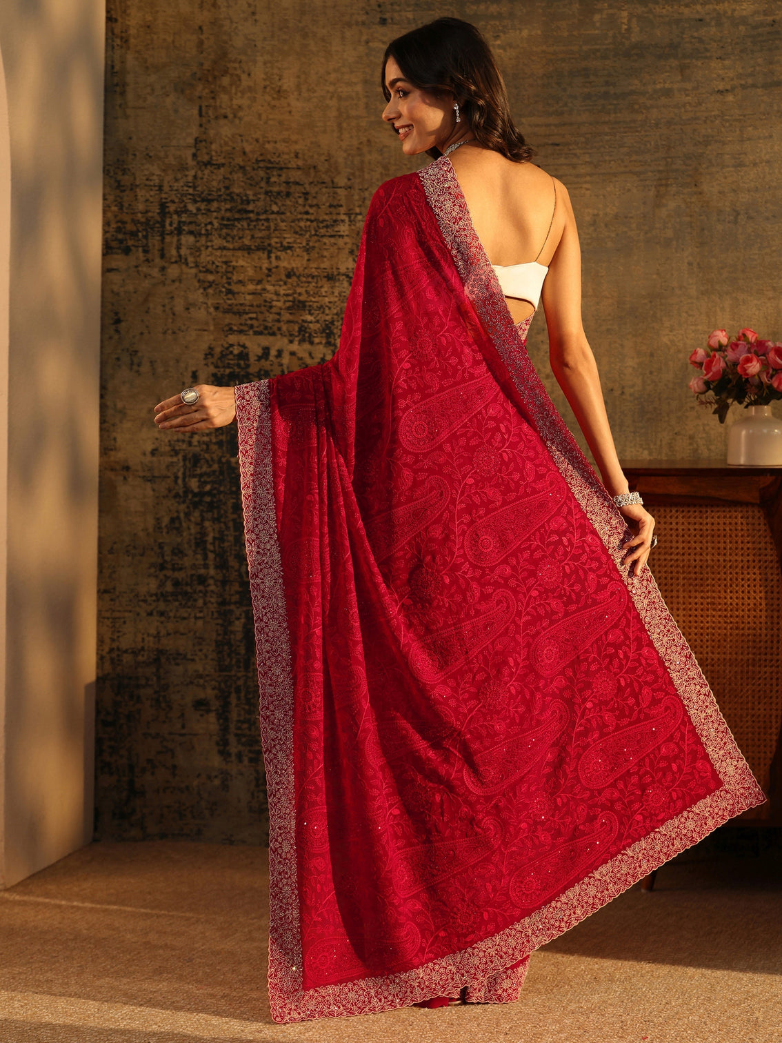 Mameraa Art Ruby Red Paisley Embroidered Georgette Saree