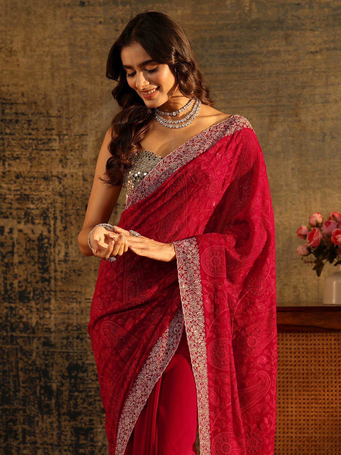 Mameraa Art Ruby Red Paisley Embroidered Georgette Saree