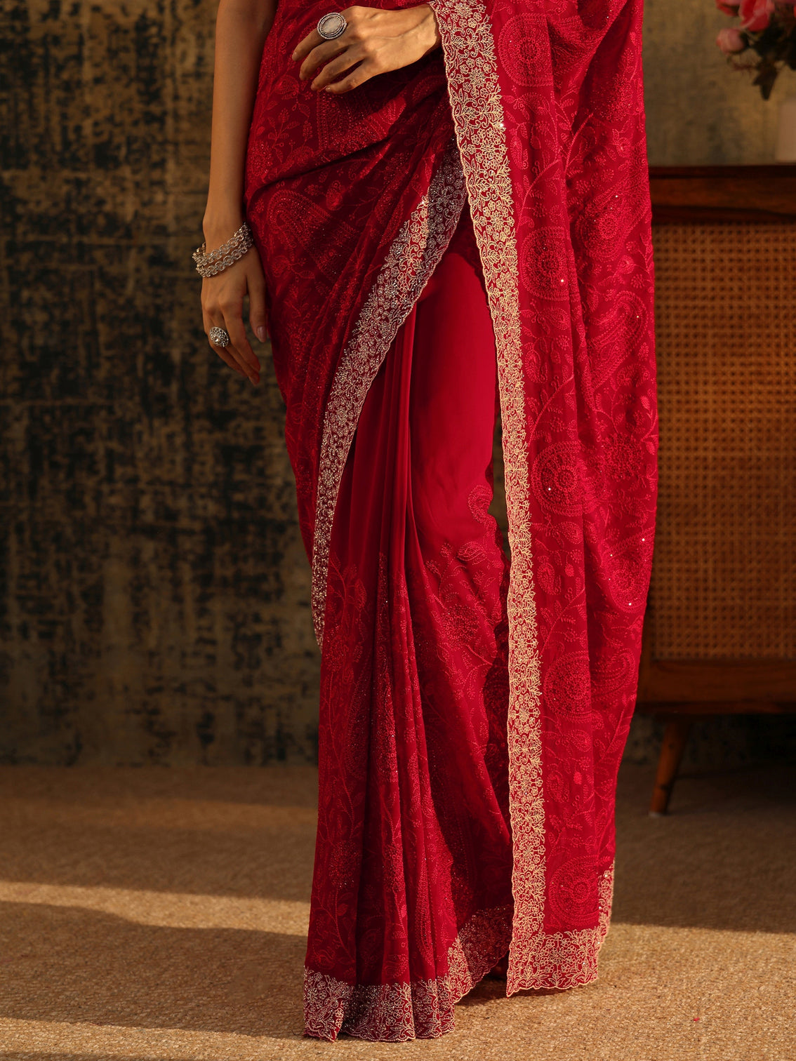Mameraa Art Ruby Red Paisley Embroidered Georgette Saree