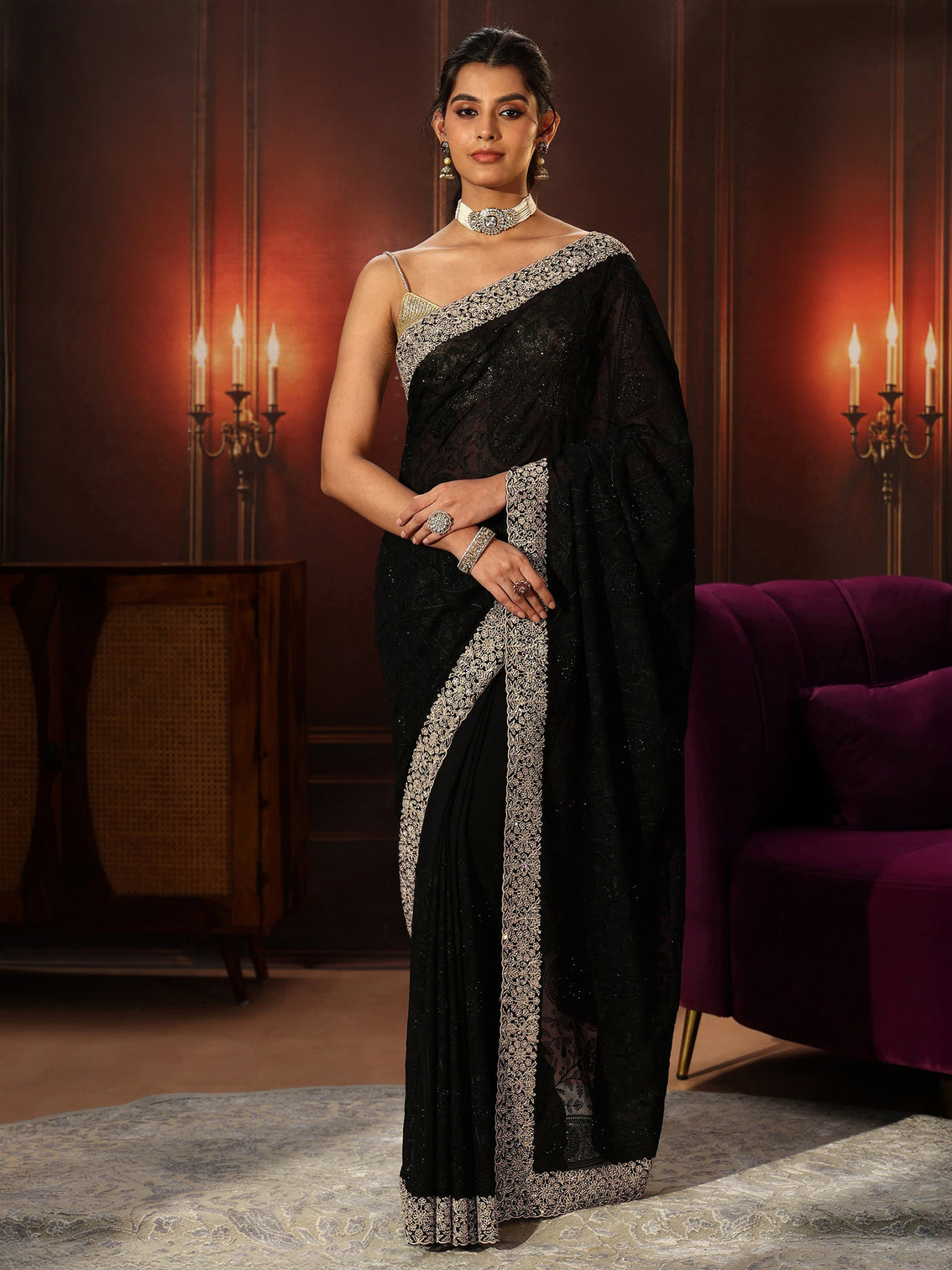 Mameraa Art Black Floral Embroidered Georgette Saree