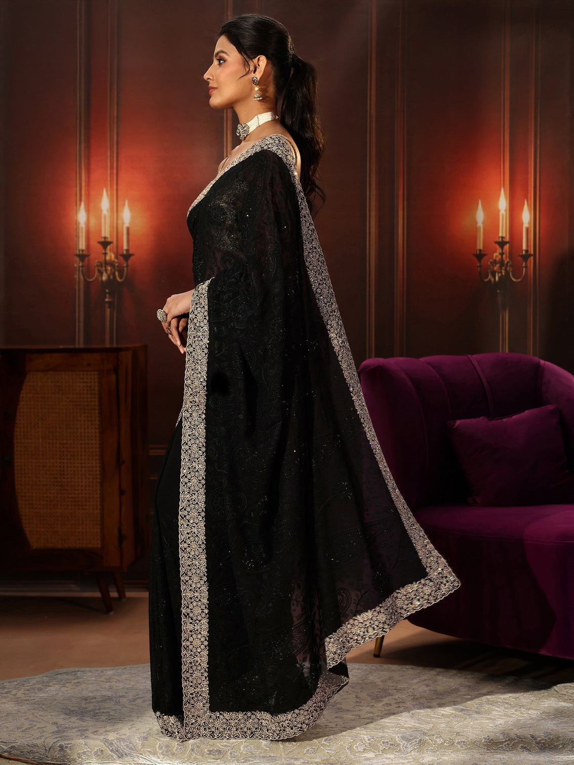 Mameraa Art Black Floral Embroidered Georgette Saree