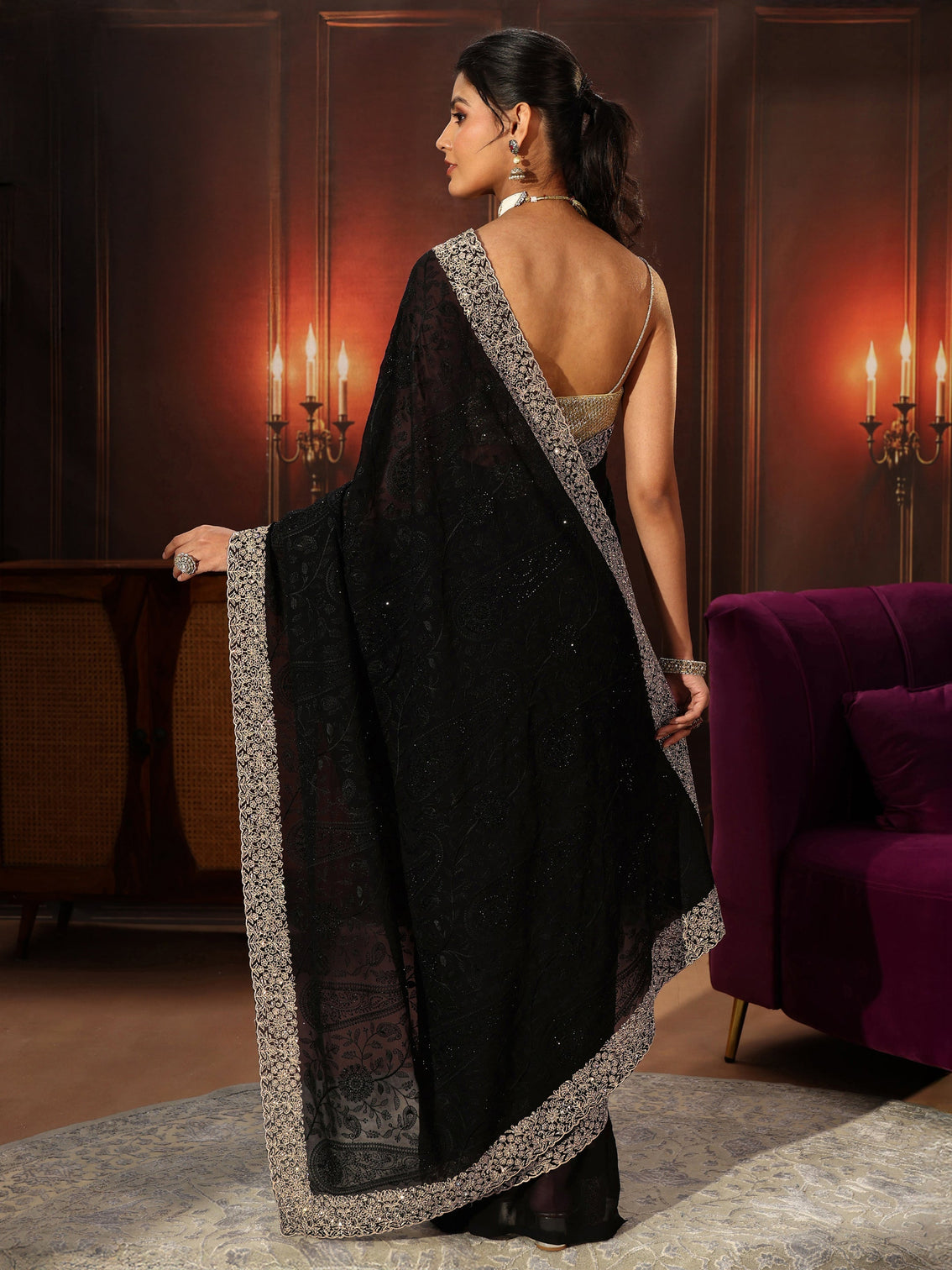 Mameraa Art Black Floral Embroidered Georgette Saree