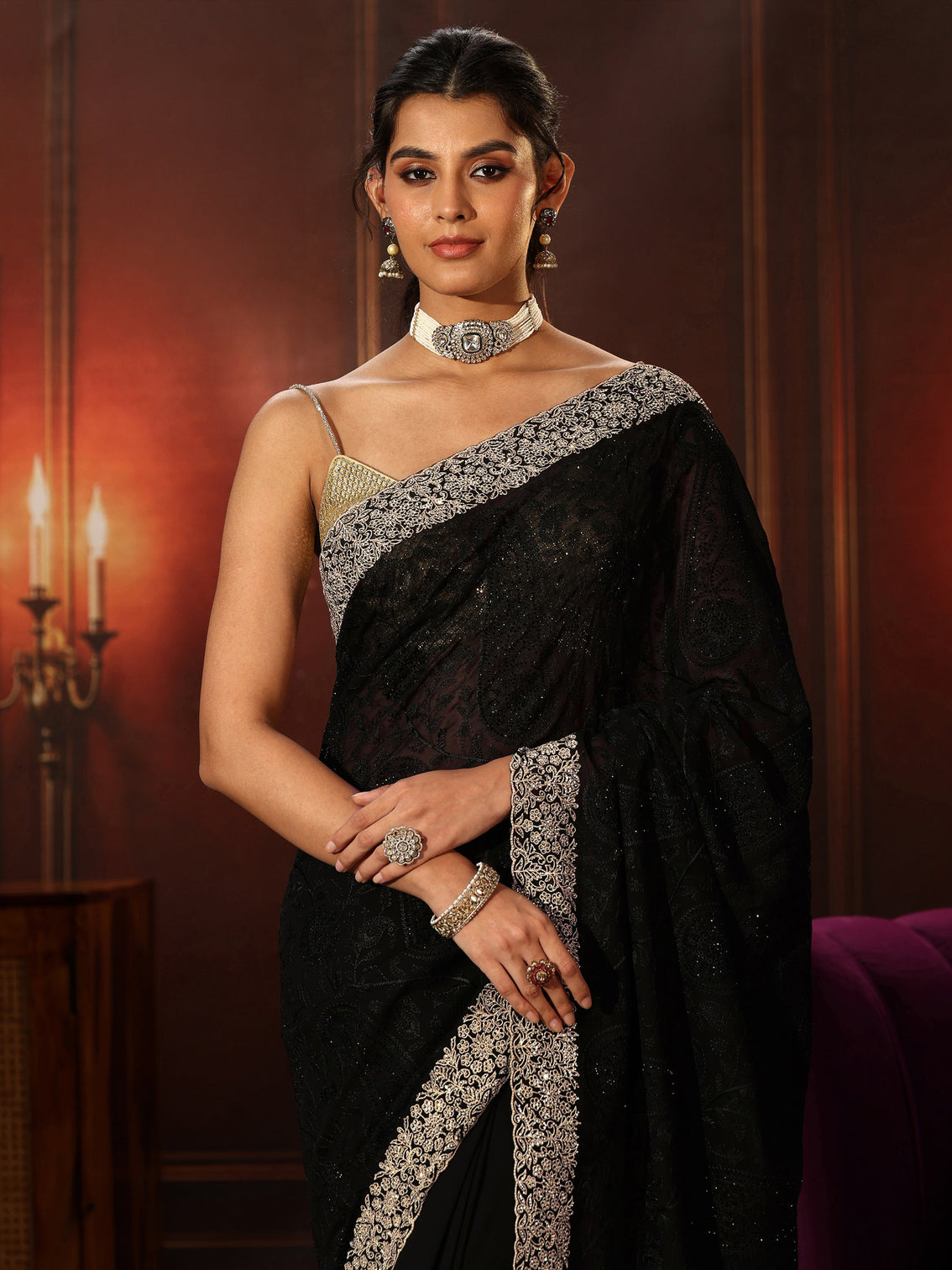 Mameraa Art Black Floral Embroidered Georgette Saree