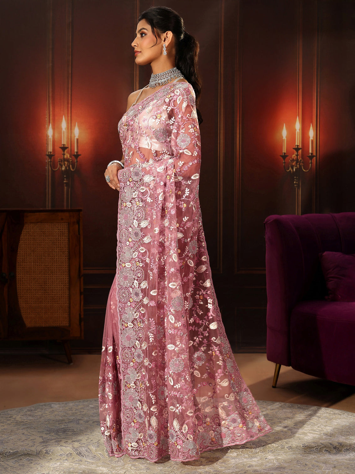 Mameraa Art Blush Pink Floral Embroidered Net Saree