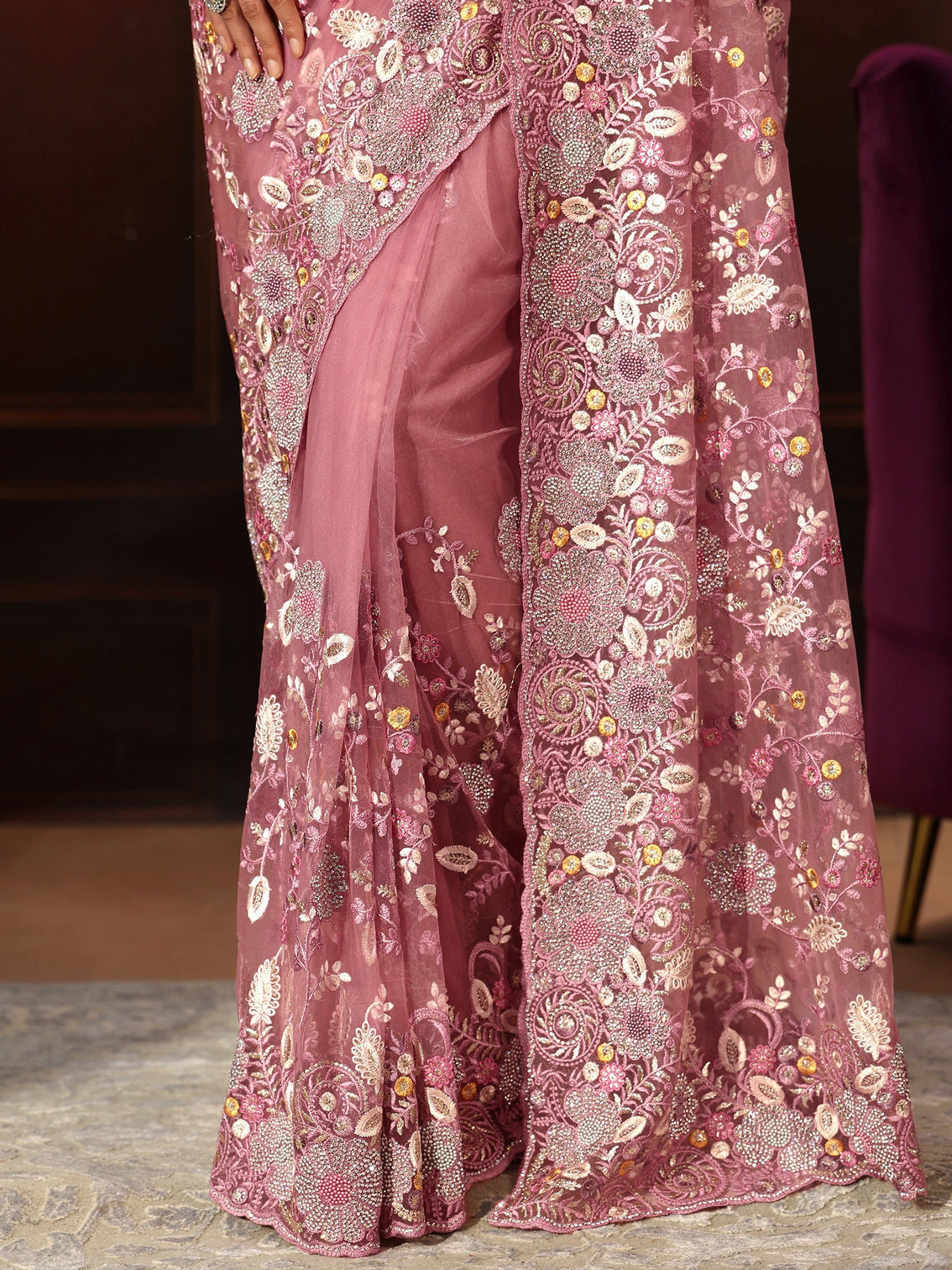 Mameraa Art Blush Pink Floral Embroidered Net Saree