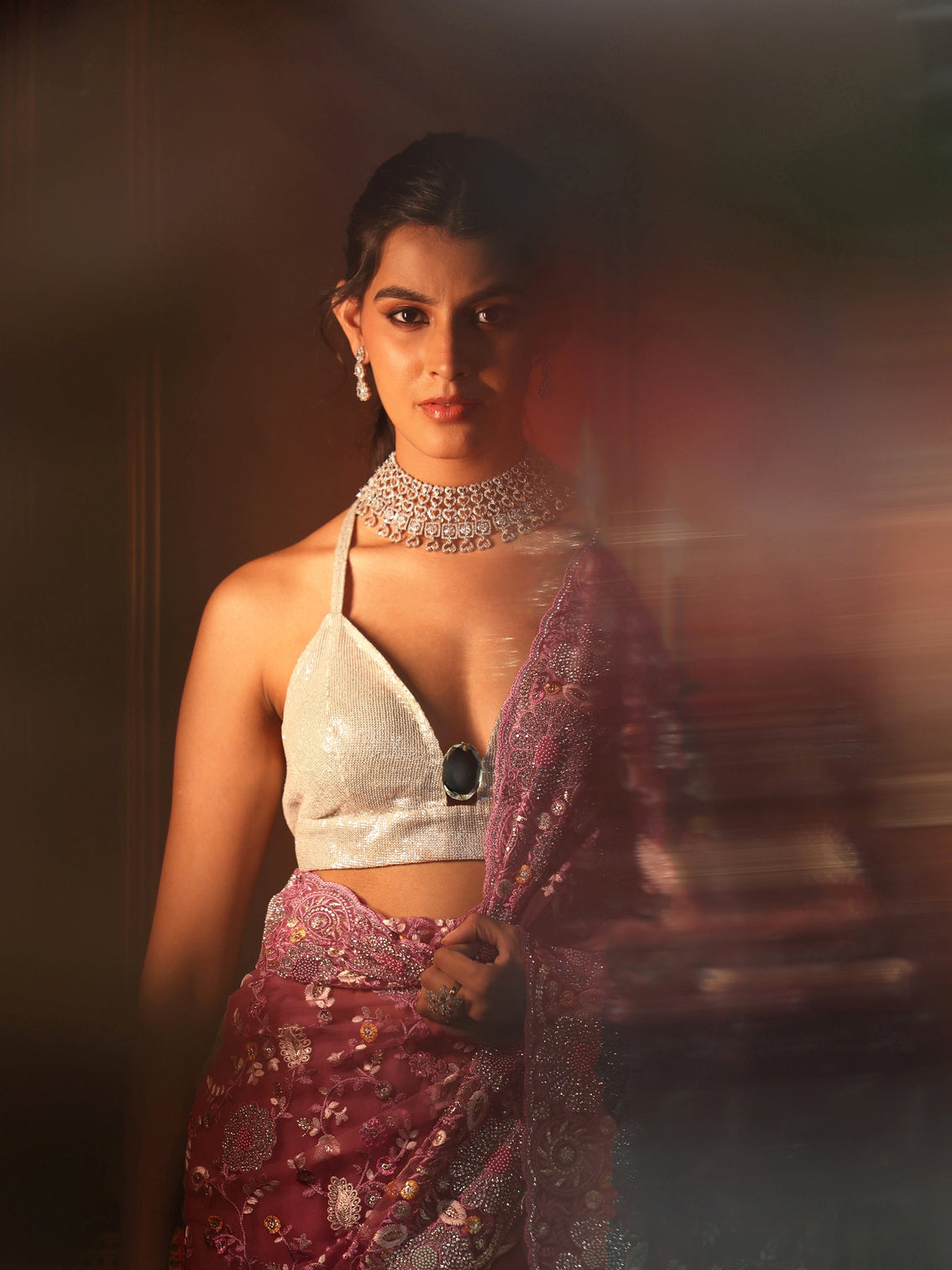 Mameraa Art Blush Pink Floral Embroidered Net Saree