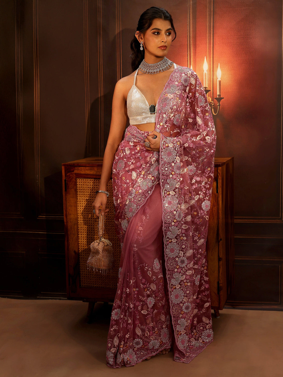 Mameraa Art Blush Pink Floral Embroidered Net Saree