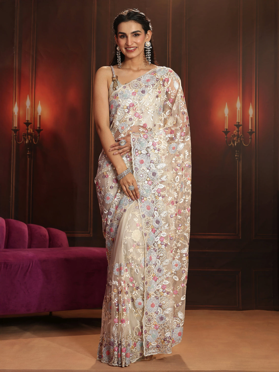 Mameraa Art Cream Floral Embroidered Net Saree