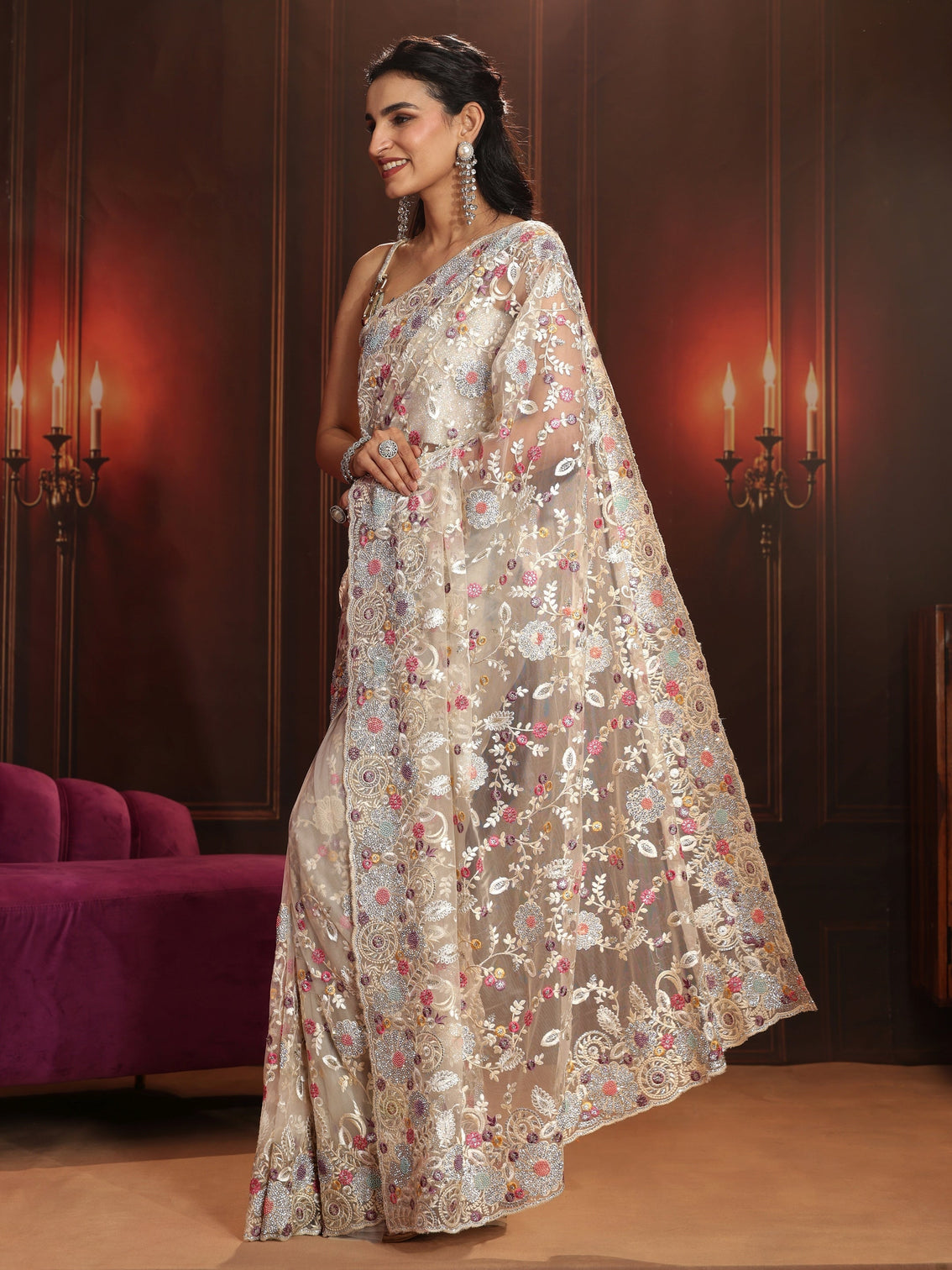 Mameraa Art Cream Floral Embroidered Net Saree