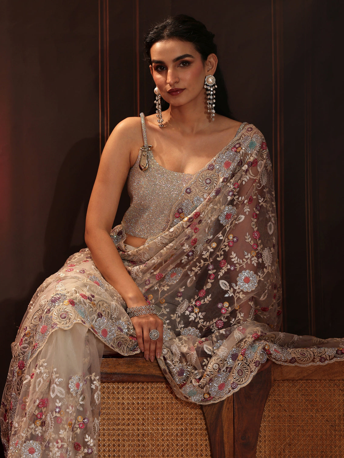 Mameraa Art Cream Floral Embroidered Net Saree