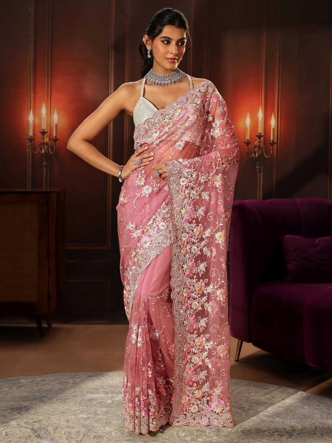 Mameraa Art Blush Pink Floral Embroidered Net Saree
