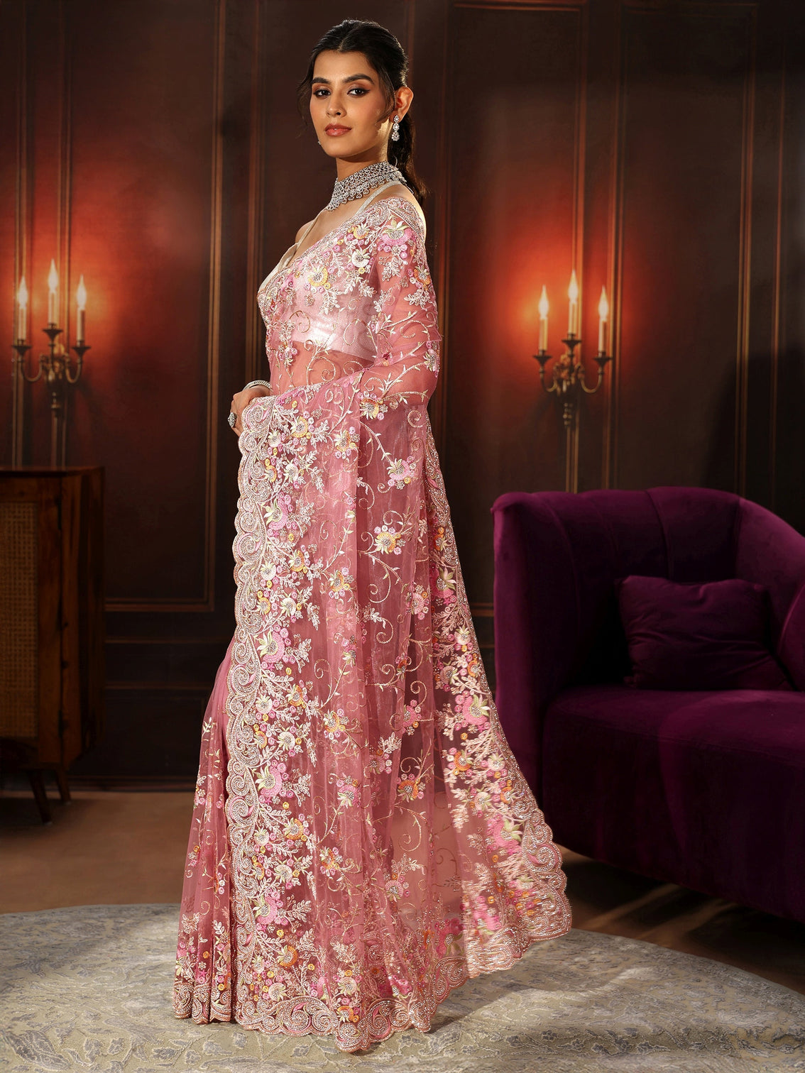 Mameraa Art Blush Pink Floral Embroidered Net Saree