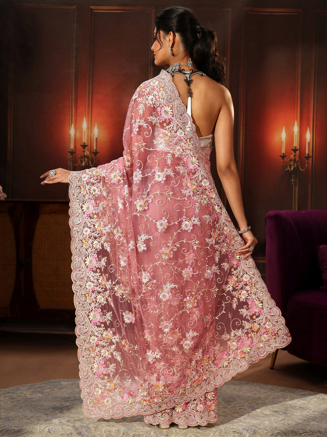 Mameraa Art Blush Pink Floral Embroidered Net Saree