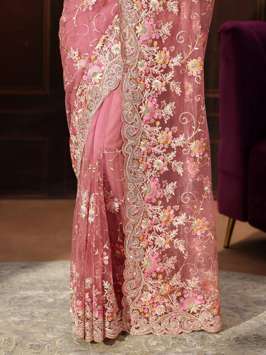 Mameraa Art Blush Pink Floral Embroidered Net Saree