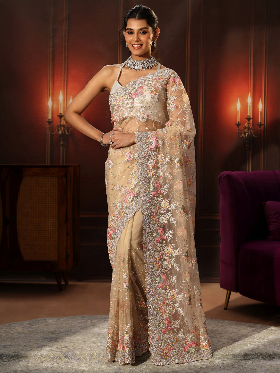 Mameraa Art Beige Floral Embroidered Net Saree