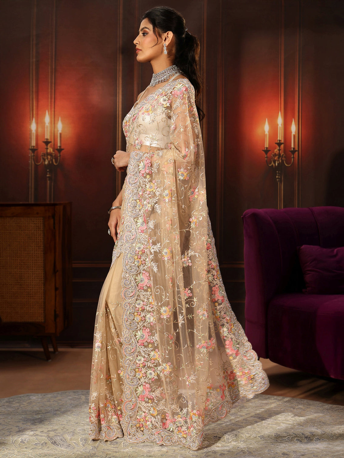 Mameraa Art Beige Floral Embroidered Net Saree