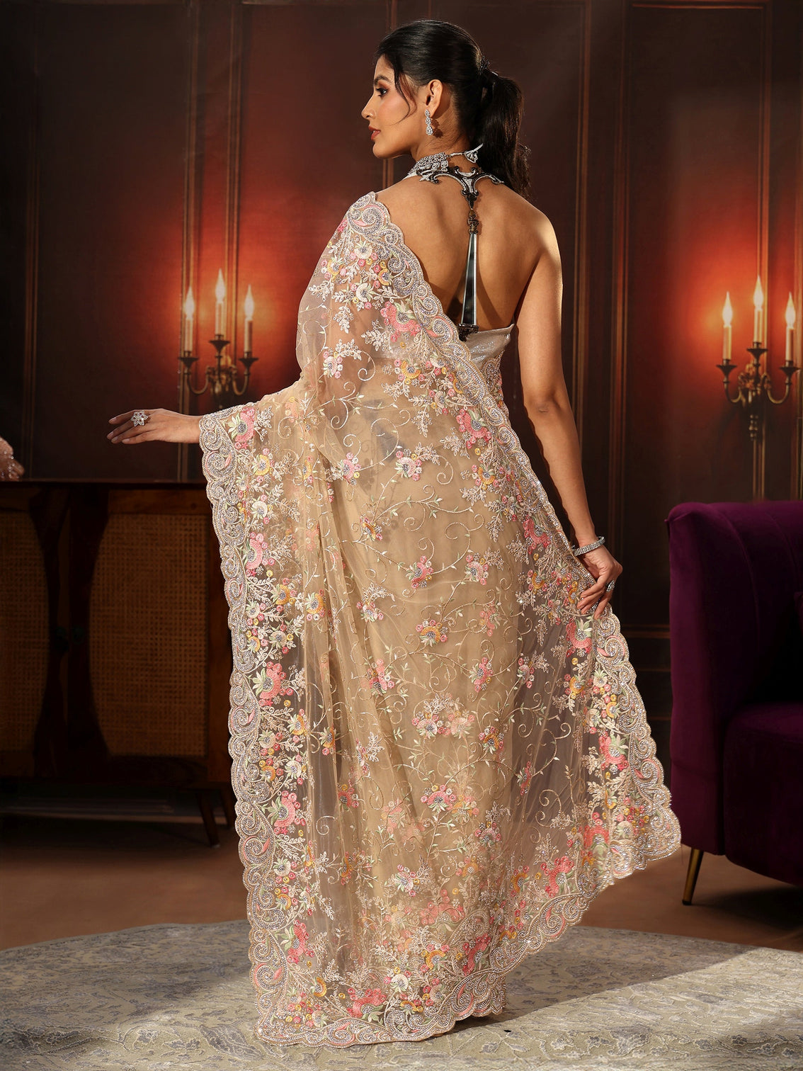 Mameraa Art Beige Floral Embroidered Net Saree