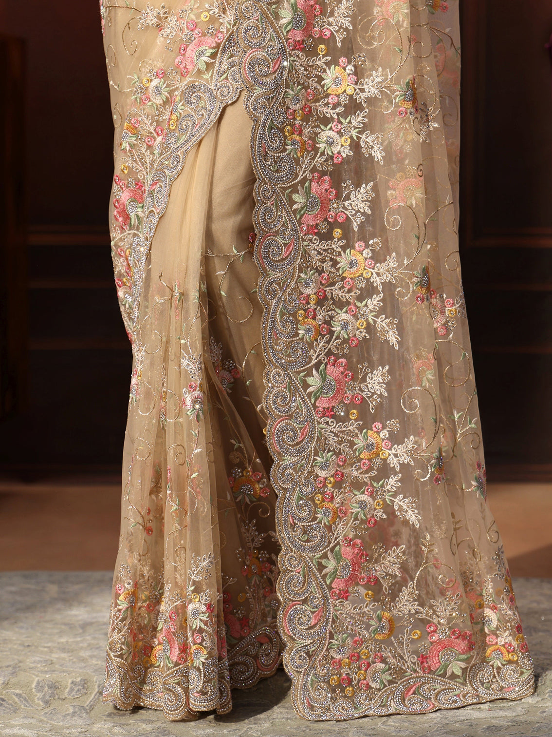Mameraa Art Beige Floral Embroidered Net Saree