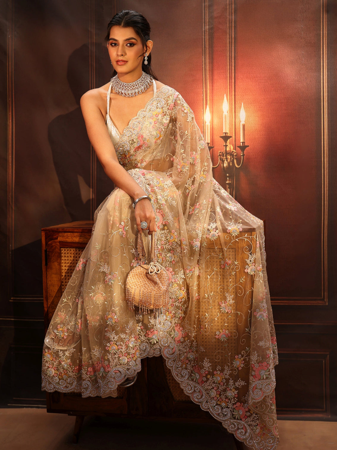 Mameraa Art Beige Floral Embroidered Net Saree