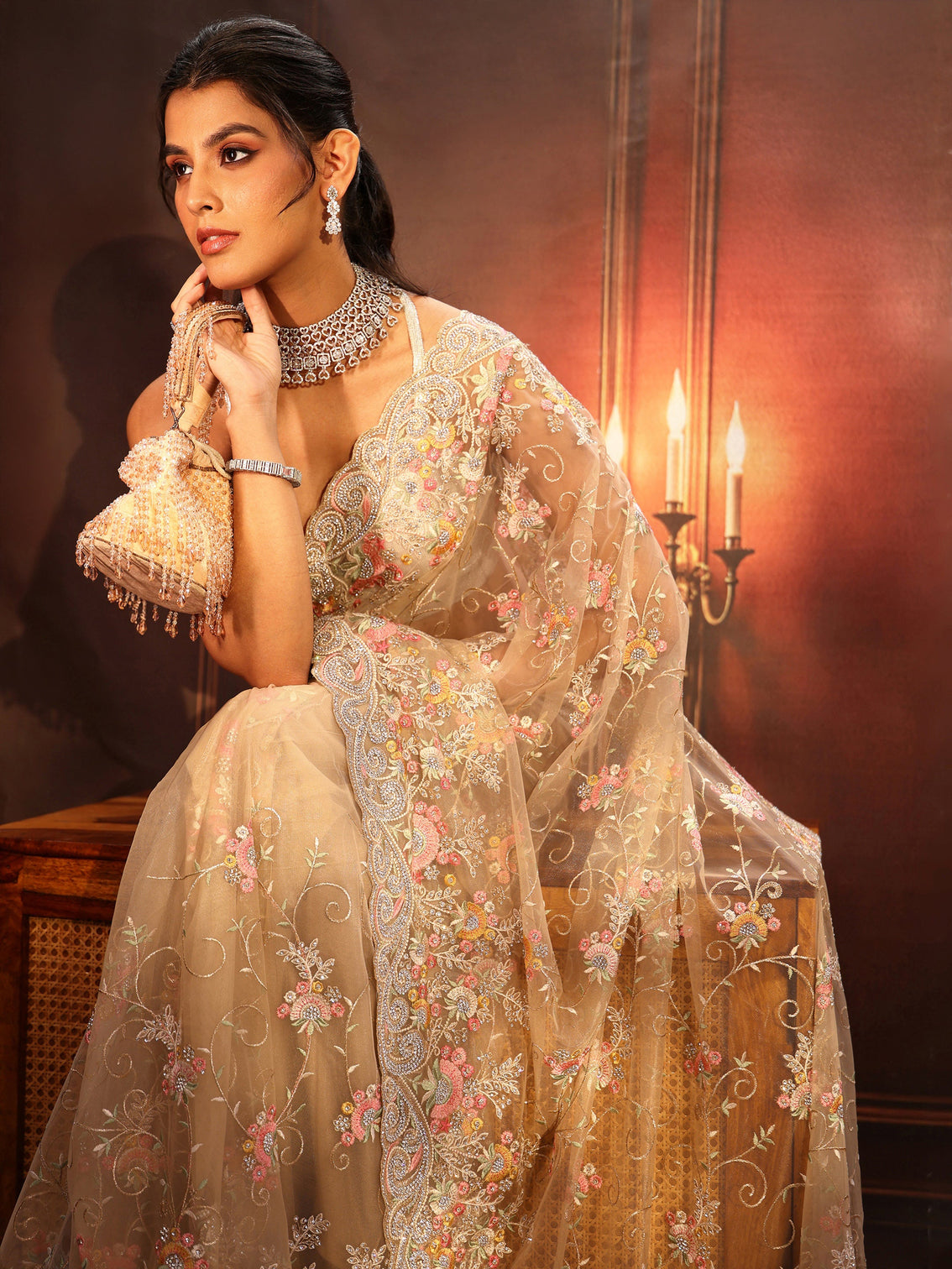 Mameraa Art Beige Floral Embroidered Net Saree