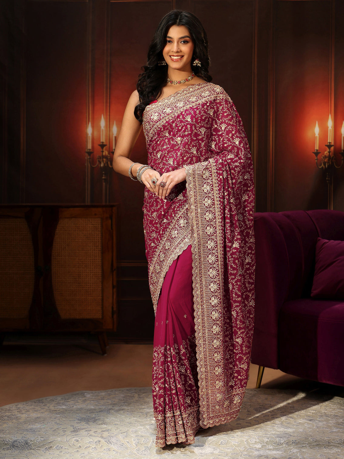 Mameraa Art Magenta Pink Floral Embroidered Georgette Saree