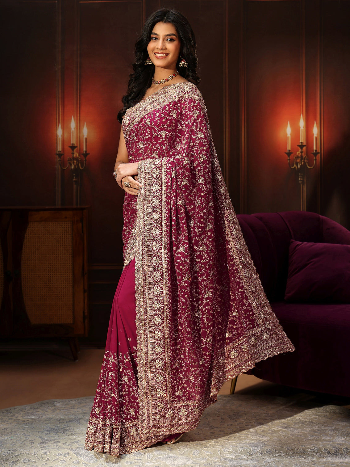 Mameraa Art Magenta Pink Floral Embroidered Georgette Saree