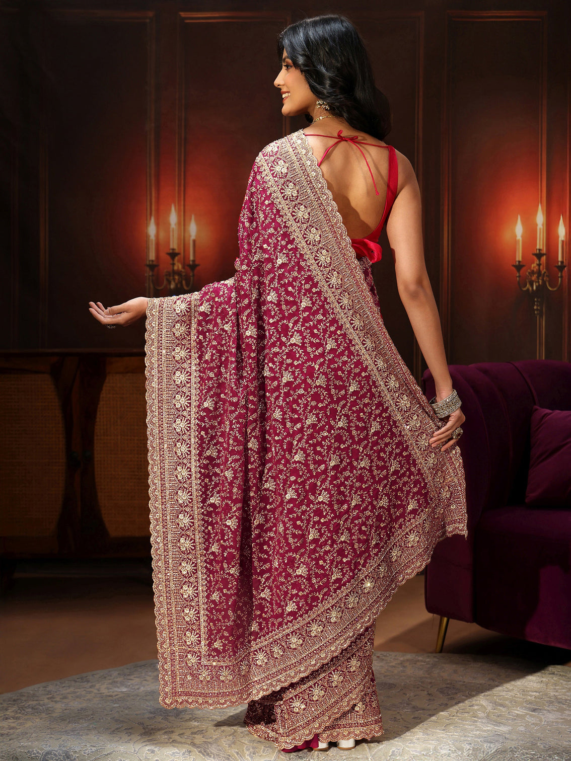 Mameraa Art Magenta Pink Floral Embroidered Georgette Saree