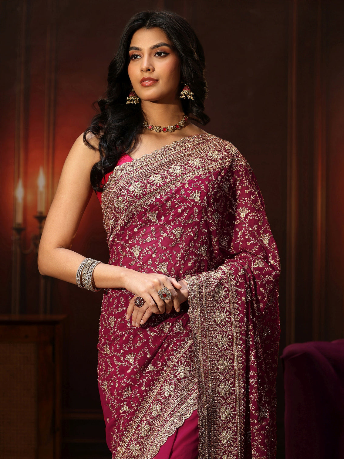 Mameraa Art Magenta Pink Floral Embroidered Georgette Saree