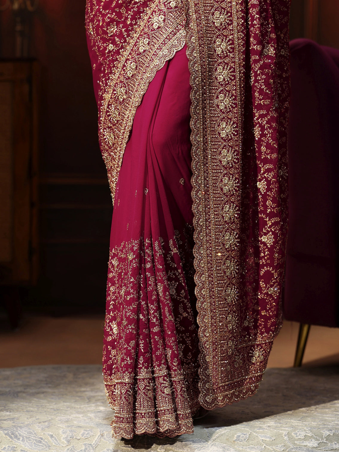 Mameraa Art Magenta Pink Floral Embroidered Georgette Saree