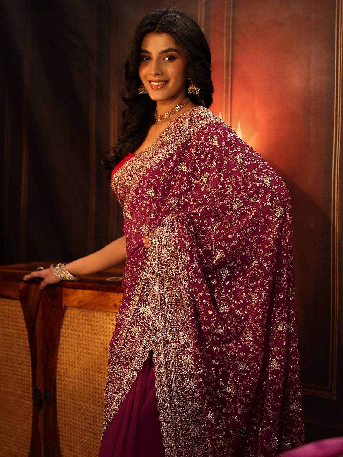 Mameraa Art Magenta Pink Floral Embroidered Georgette Saree