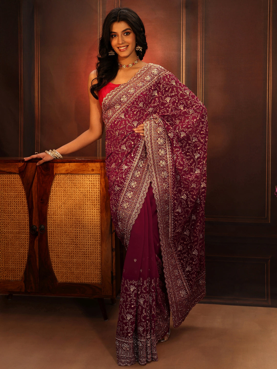 Mameraa Art Magenta Pink Floral Embroidered Georgette Saree