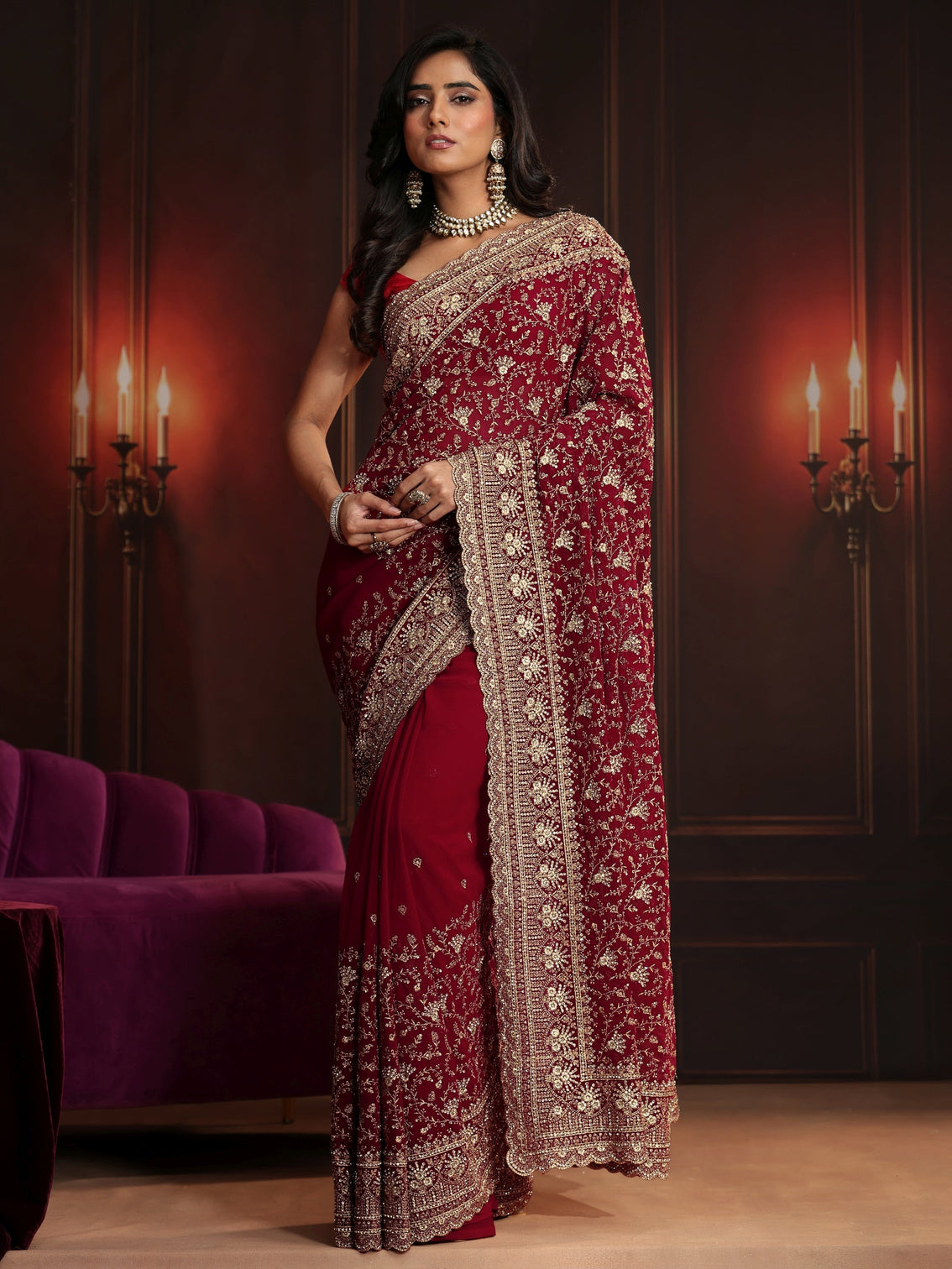 Mameraa Art Deep Maroon Red Embroidered Georgette Saree
