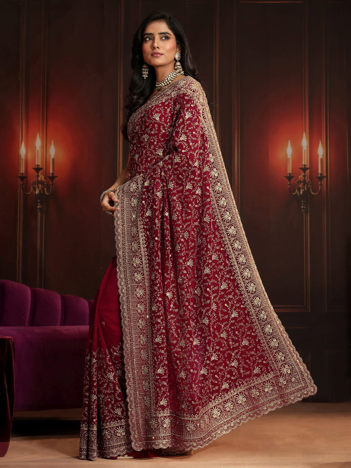 Mameraa Art Deep Maroon Red Embroidered Georgette Saree