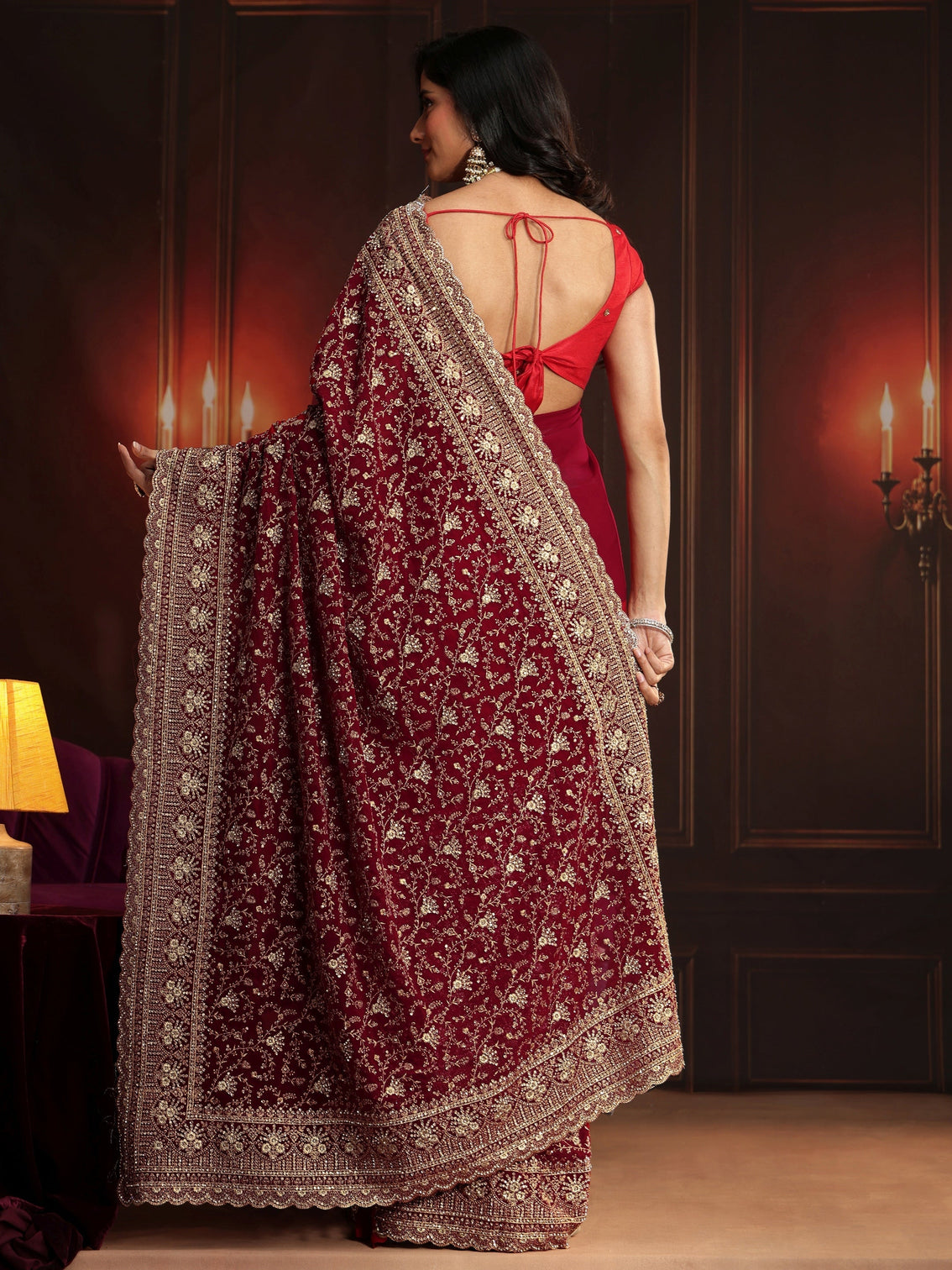 Mameraa Art Deep Maroon Red Embroidered Georgette Saree