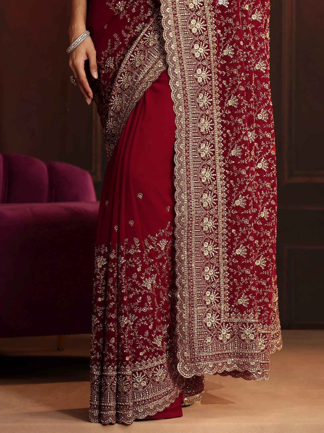 Mameraa Art Deep Maroon Red Embroidered Georgette Saree