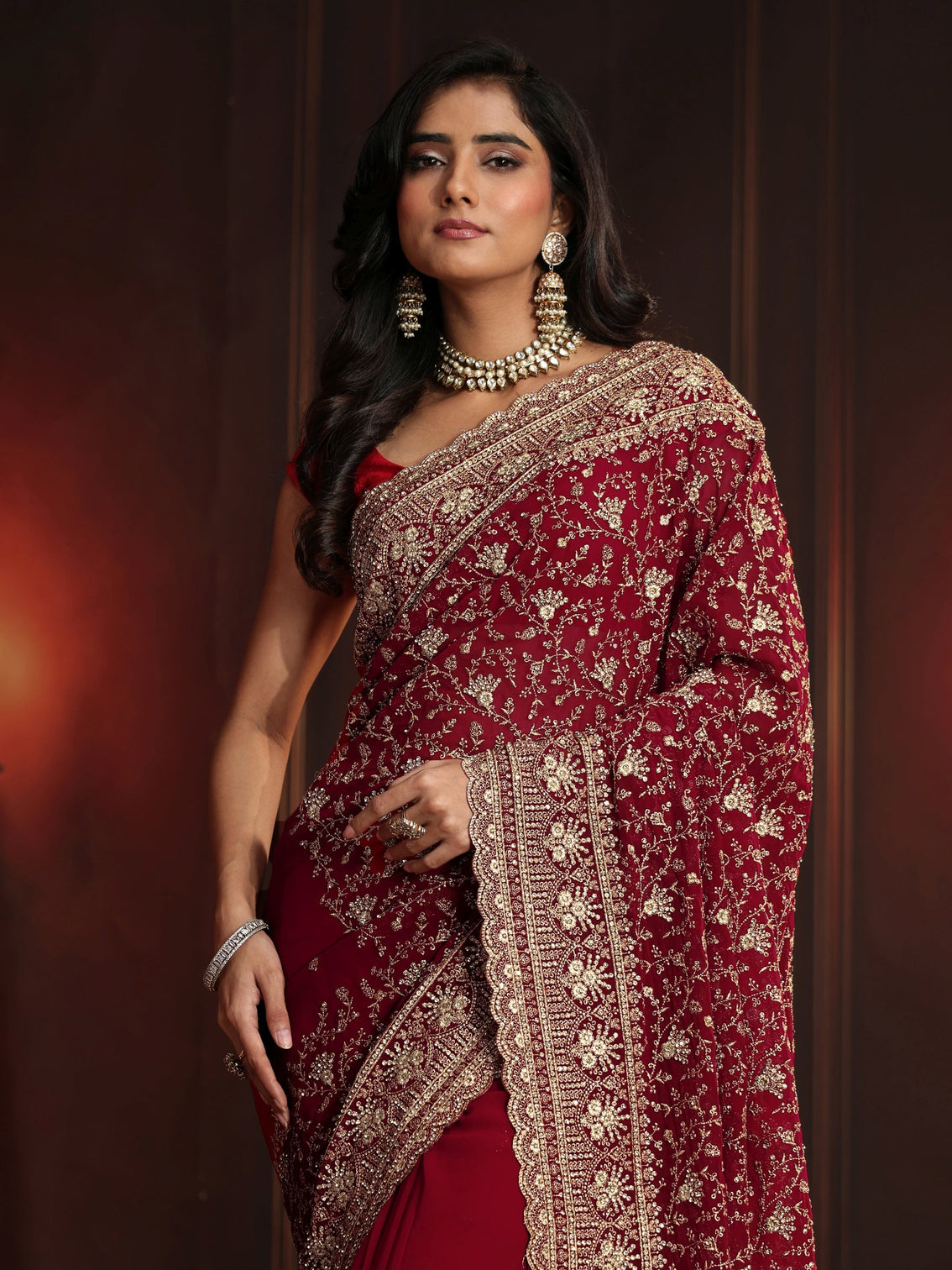 Mameraa Art Deep Maroon Red Embroidered Georgette Saree