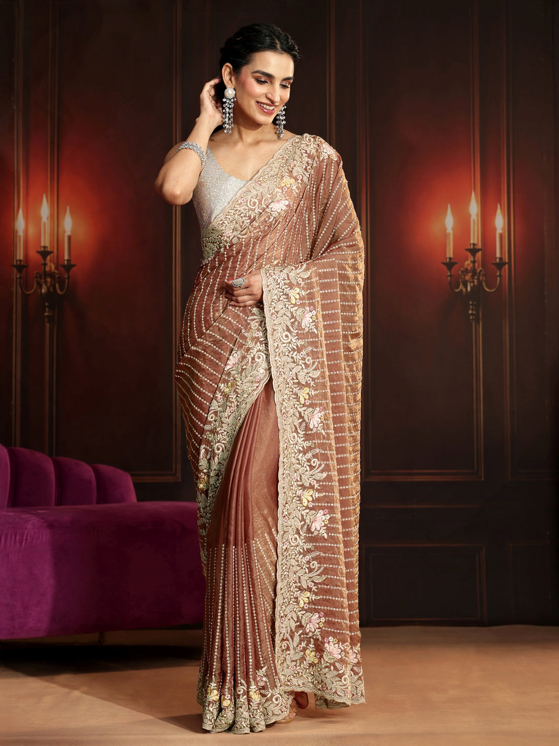 Mameraa Art Rust Brown Embellished Tissue Saree