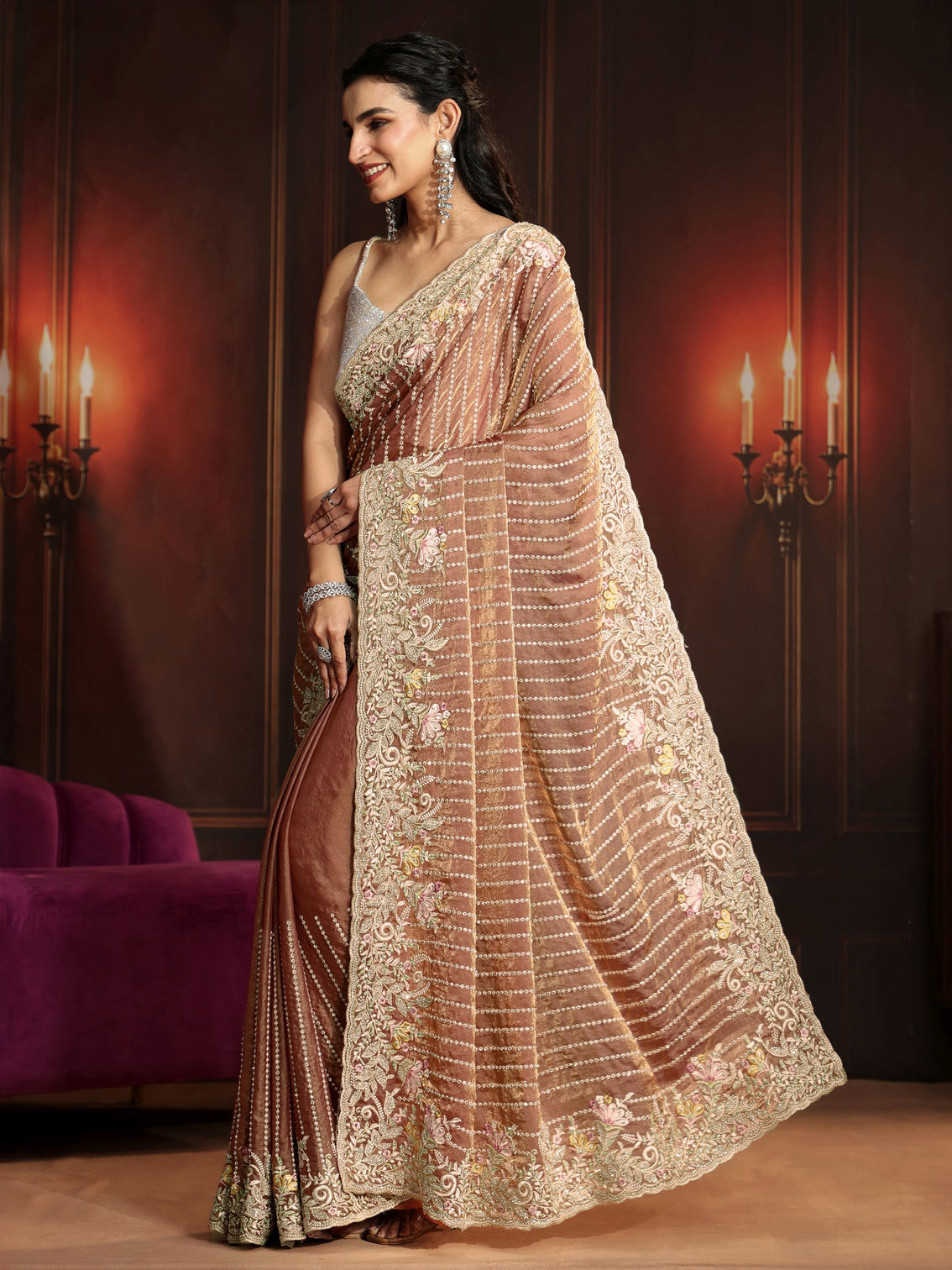 Mameraa Art Rust Brown Embellished Tissue Saree