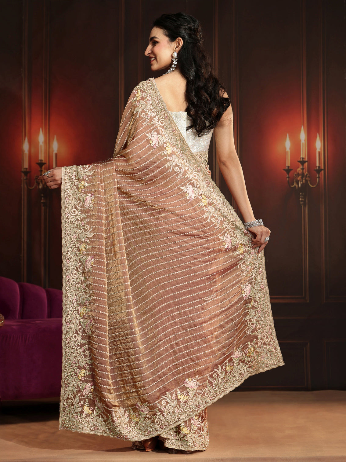Mameraa Art Rust Brown Embellished Tissue Saree
