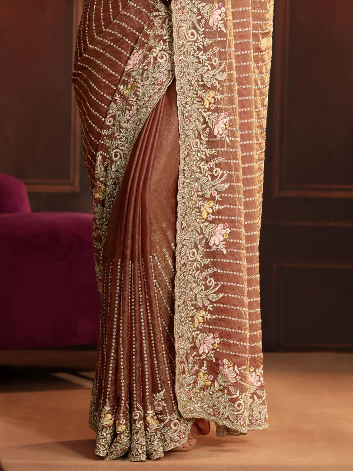 Mameraa Art Rust Brown Embellished Tissue Saree