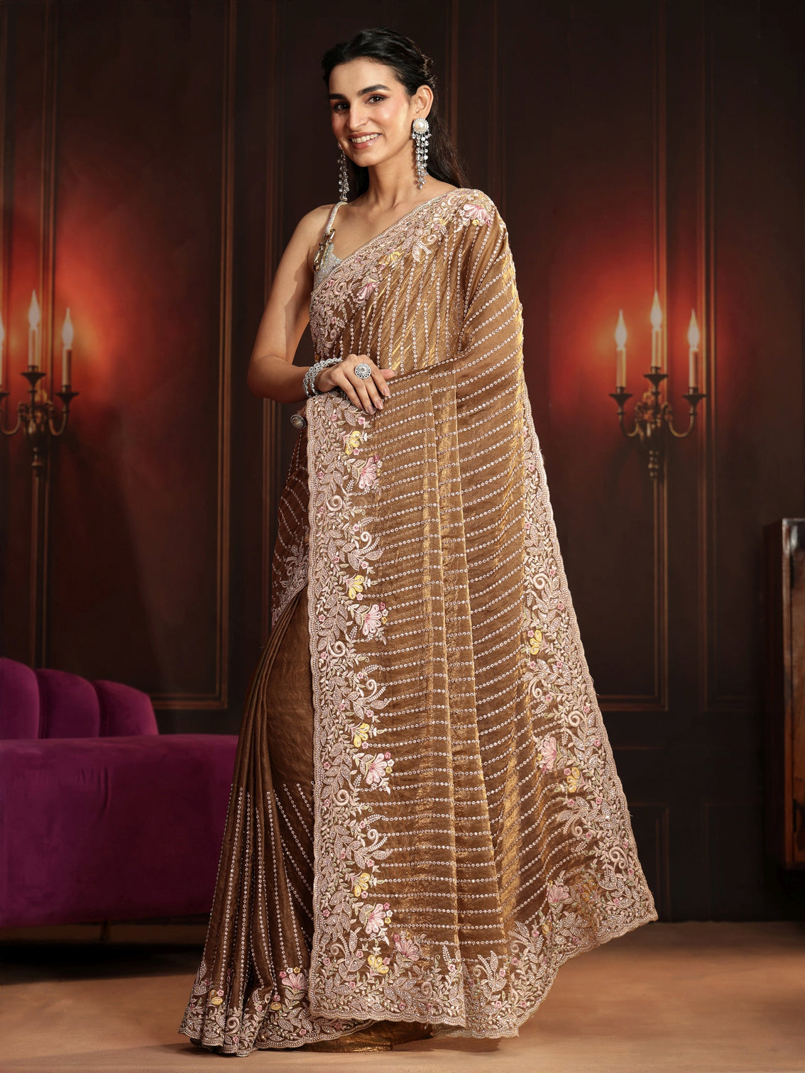 Mameraa Art Henna Green Embellished Tissue Saree
